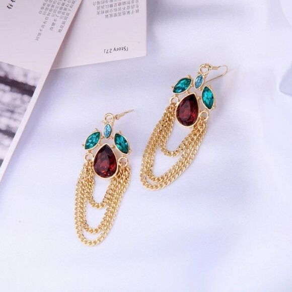 Red Green Crystal Floral Leaf Chain Gold Hook Dangle Statement Earrings - Picture 8 of 10